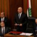 Joseph Aoun (kedua dari kanan) berpidato di hadapan parlemen setelah dilantik sebagai presiden Lebanon di Beirut, Lebanon, pada 9 Januari 2024. (Xinhua/Bilal Jawich)