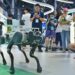 Orang-orang menyaksikan robot anjing yang ditampilkan di paviliun Chengdu dalam ajang Pameran Internasional China Barat (Western China International Fair/WCIF) ke-20 di Chengdu, Provinsi Sichuan, China barat daya, pada 25 Mei 2025. (Xinhua/Liu Kun)