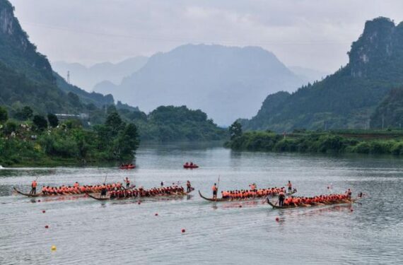 Tim-tim berlaga dalam balap perahu naga di Sungai Jinjiang, Distrik Bijiang, Kota Tongren, Provinsi Guizhou, China barat daya, pada 31 Mei 2025. (Xinhua/Yang Wenbin)